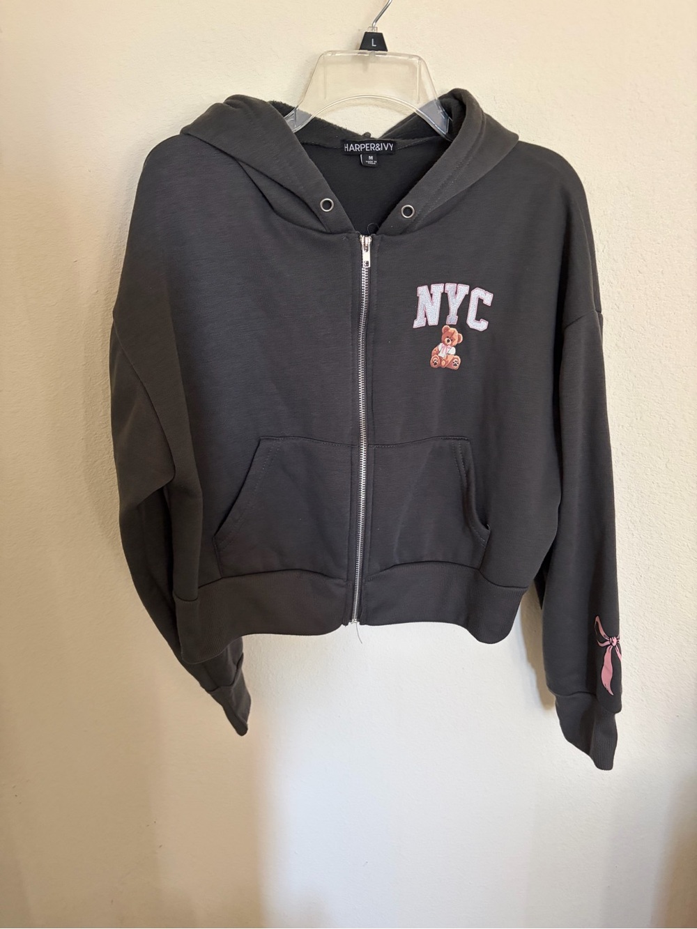 Harper & Ivy NYC Bear Cropped Zip Up Hoodie Charcoal Gray Pink Bow Coquette Sz M